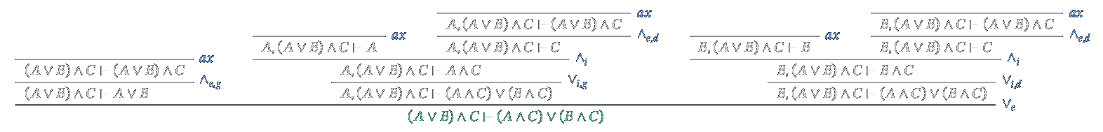 Preuve de (A vee B) wedge C vdash (A wedge C) vee (B wedge C) ; conclusion en vert.