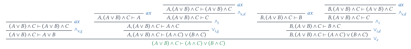 Preuve de (A vee B) wedge C vdash (A wedge C) vee (B wedge C) ; conclusion en vert.