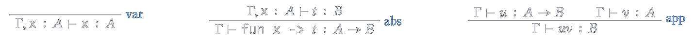 Règles de typage du lambda-calcul simplement typé : variable, abstraction, application.