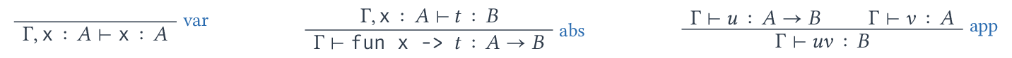 Règles de typage du lambda-calcul simplement typé : variable, abstraction, application.