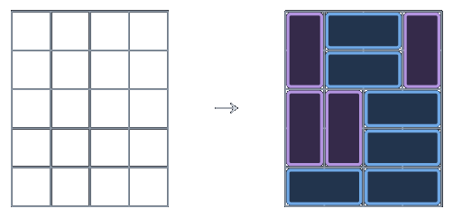 Un pavage d'un rectangle 4times 5 par des dominos horizontaux (bleu) et verticaux (violet).