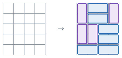 Un pavage d'un rectangle 4times 5 par des dominos horizontaux (bleu) et verticaux (violet).