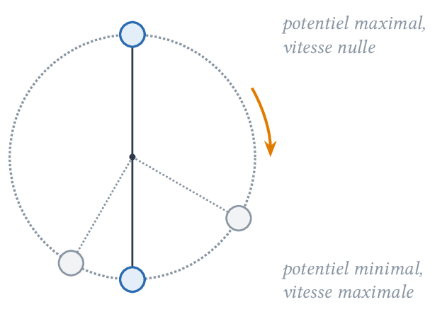 Énergie potentielle d'un pendule : maximale au sommet, minimale en bas