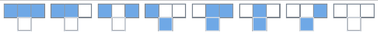 Les huit règles (g,c,d) rightarrow c' : en haut le voisinage, en bas le nouvel état (bleu = 1).